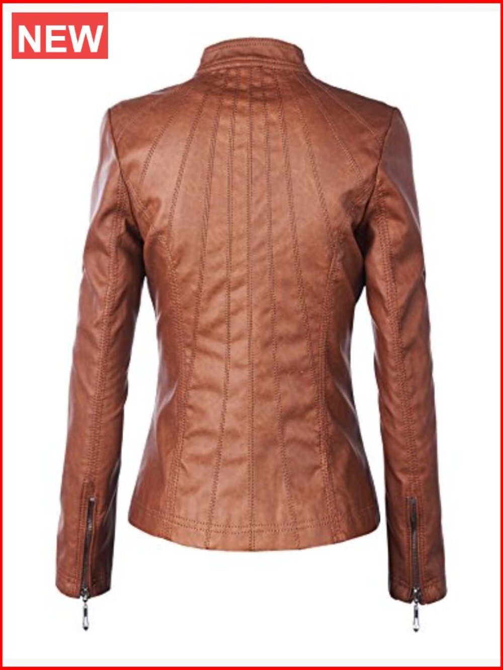 Faux Leather Moto Biker Jacket with Stitching Detail - Picture 4 of 7